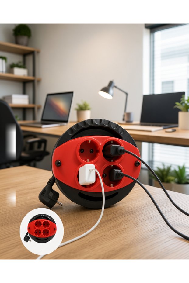 Red 5-Meter Cable Reel with 4 Sockets