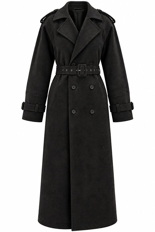 Black Long Belted Suede Trench Coat - 2Y9608