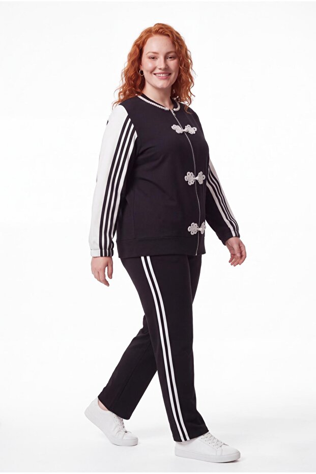 Women's Plus Size Striped Embroidered Crew Neck Black Tracksuit Set
