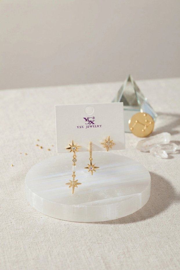 Brass Gold Color Zircon Stone Pole Star Model Women's Earring Set