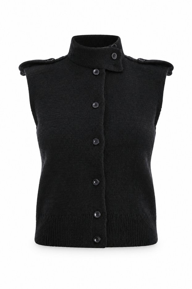 Black Stand Collar Buttoned Knitwear Vest 261001