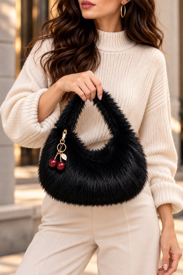 Women's Plush Handbag with Cherry Accessories, Soft Textured Daily Bag