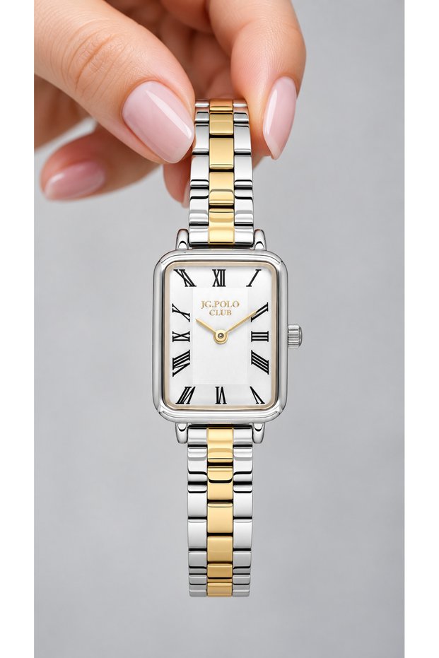 25 mm Rectangular Small Case, Roman Numeral Dial, Silver Yellow Color Full Steel(Case-Strap) 5 Atm Pool Sea Suitable, Women Wristwatch+Bracelet
