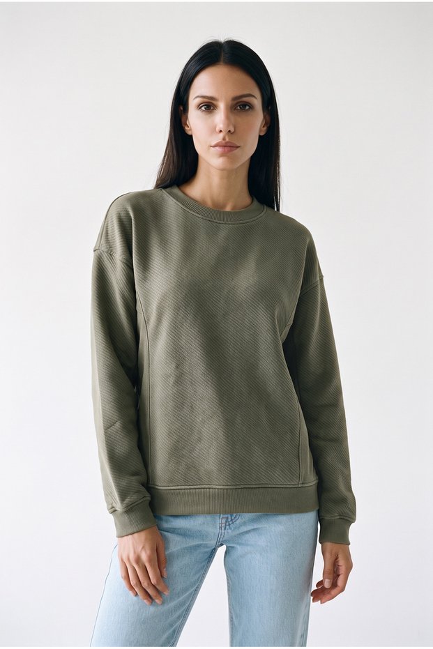 Women's Black Crew Neck Basic Diagonal Textured Sweatshirt
