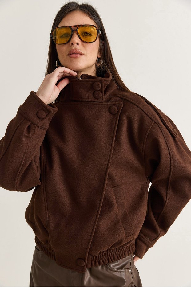 Women's Bitter Brown Viral Oversize High Collar Epaulet Detailed Faux Cashmere Coat 427 60286643