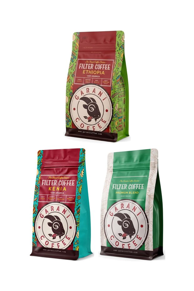 Ethiopia, Kenya and Premium Blend Filter Coffee Set 3X250 g 750 g Ground for French Press