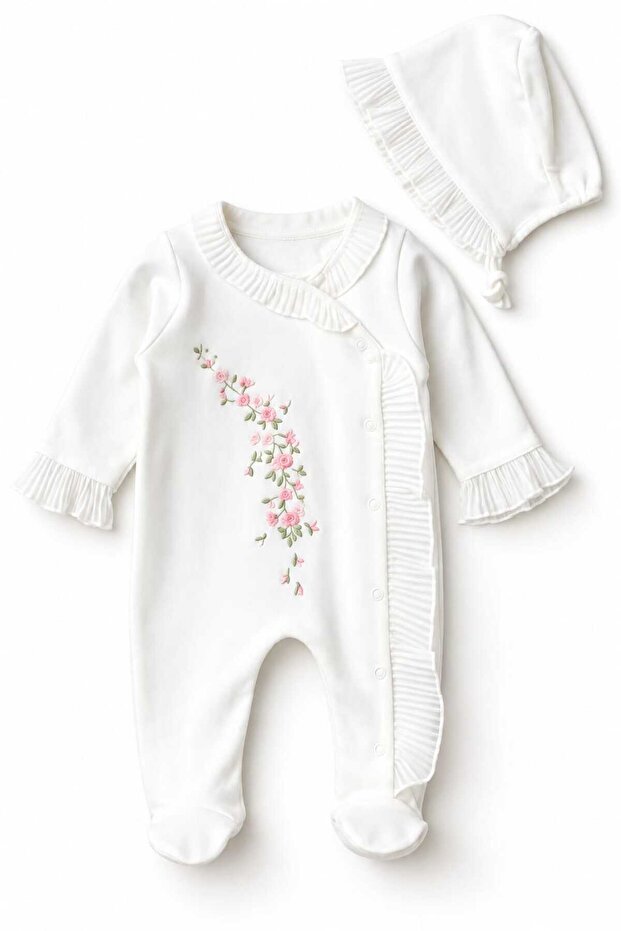 Baby Girl Luxury Floral Embroidered Ruffle Romper and Hat Set 100% Cotton Newborn Baby Clothing 0-3 Months 3-6 Months