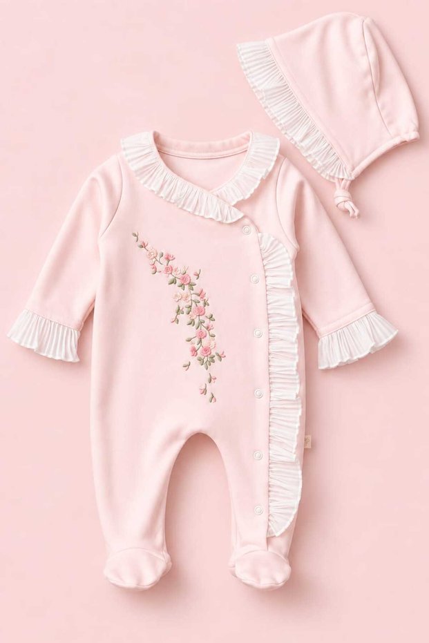 Baby Girl Luxury Floral Embroidered Ruffle Romper and Hat Set 100% Cotton Newborn Baby Clothing 0-3 Months 3-6 Months