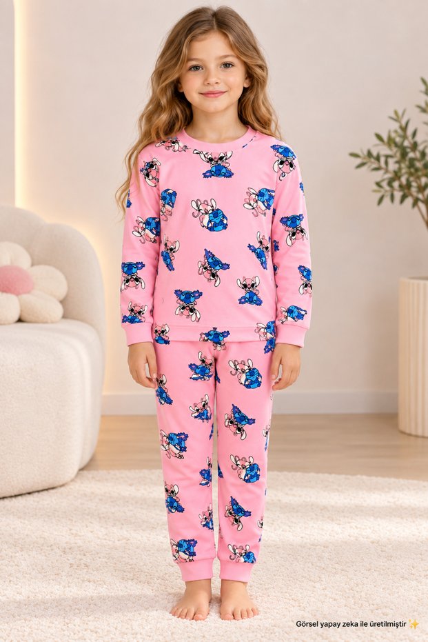 Girl's Stich Patterned 100% Cotton Interlock Fabric Long Sleeve Pajama Set