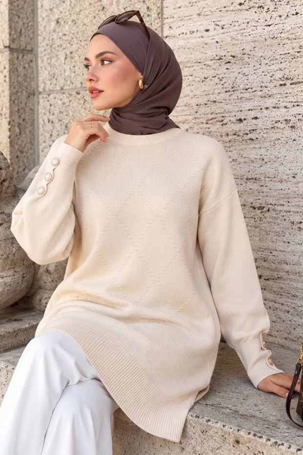 Button Detailed Cream Hijab Knitwear Tunic 10941Kr