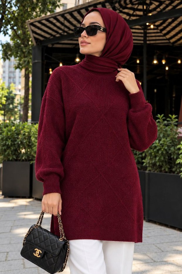 Baklava Patterned Cherry Hijab Knitwear Sweater 60091Vsn