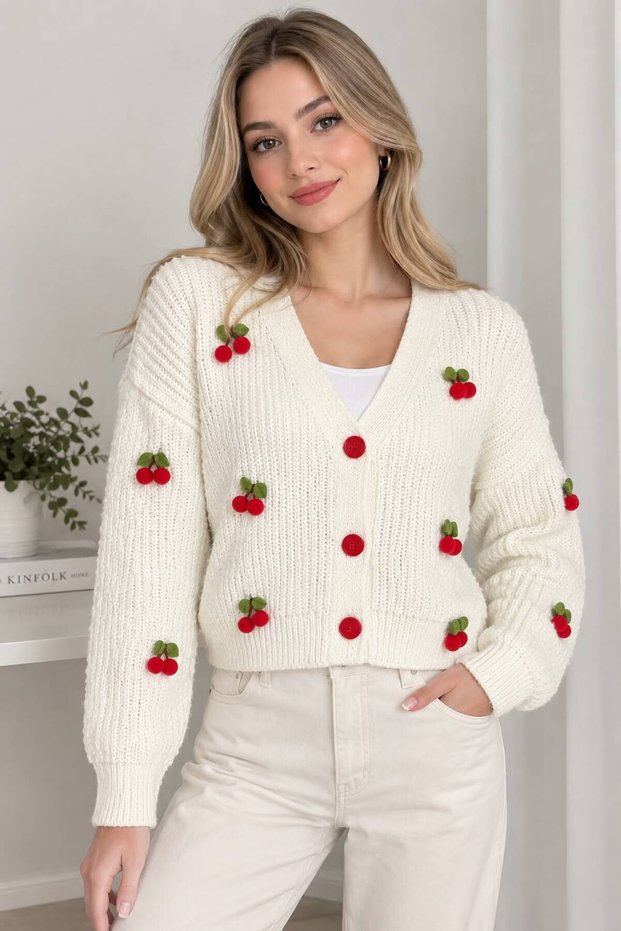 Women's White Cherry Patterned Knitwear Cardigan