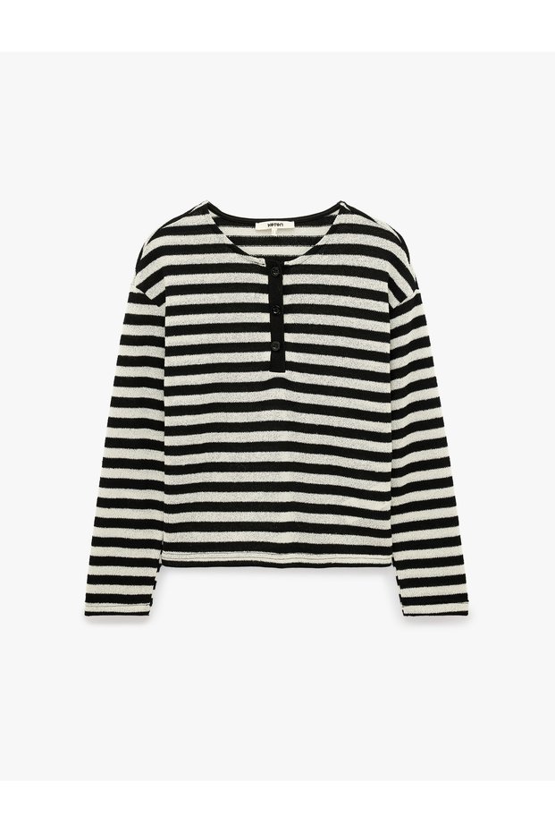Slim Fit Long Sleeve Buttoned Striped Henley Collar T-Shirt