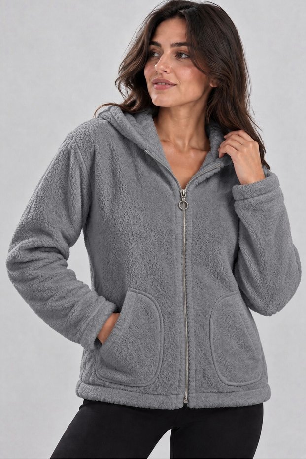 Women's Hooded Zippered Double Pocket Soft Textured Gray Plush Cardigan Jacket Fleece