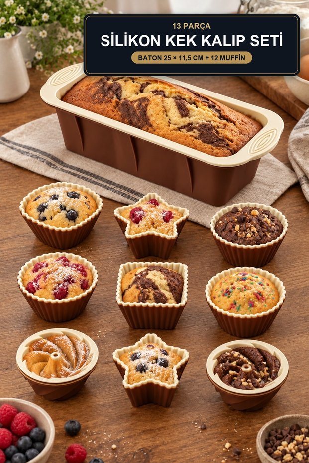 13 Piece Silicone Cake Mold Set Baton 25X11.5 cm and 12 Muffin Molds Non-Stick Whisk Gift