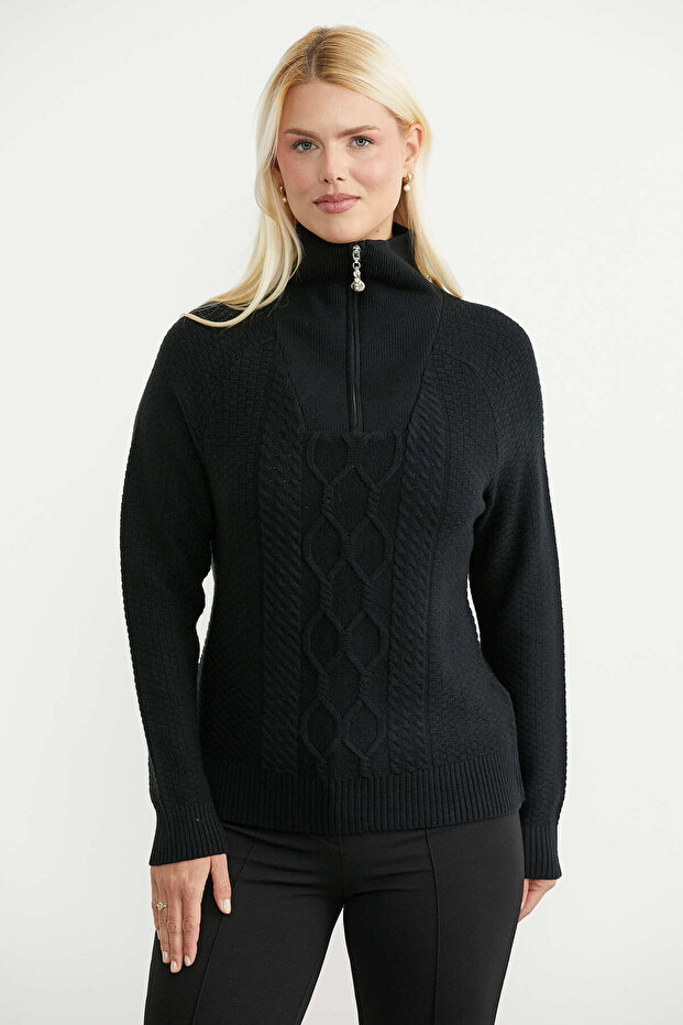 Stand Collar Zippered Knitwear Sweater - Black