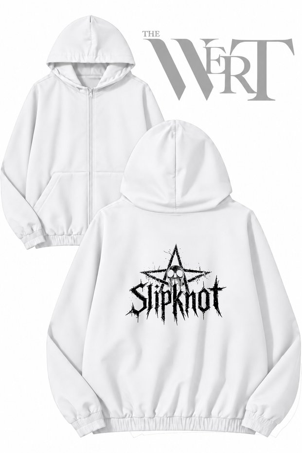 Slipknot Star Back Print Zippered Hooded White Cardigan (2 Yarns)