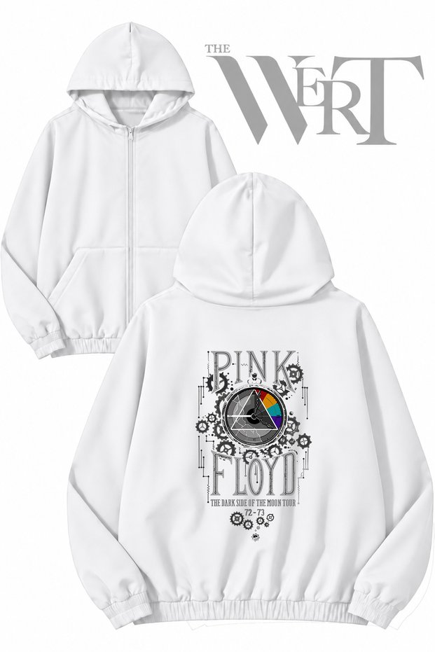 Pink Floyd Gears Back Printed Zippered Hooded White Cardigan (2 Yarn)