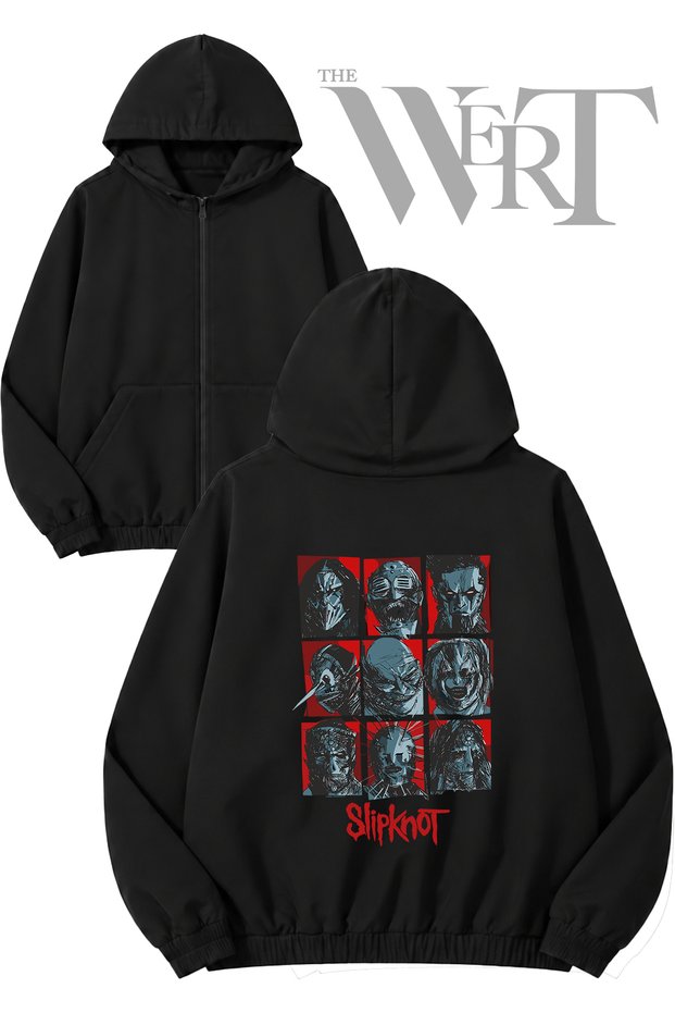 Slipknot Faces Back Printed Zippered Hooded Black Cardigan (2 Yarn)