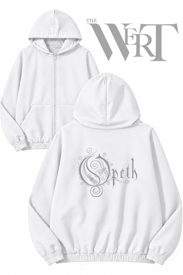 Opeth_1 Back Printed Zippered Hooded White Cardigan (2 Yarn)