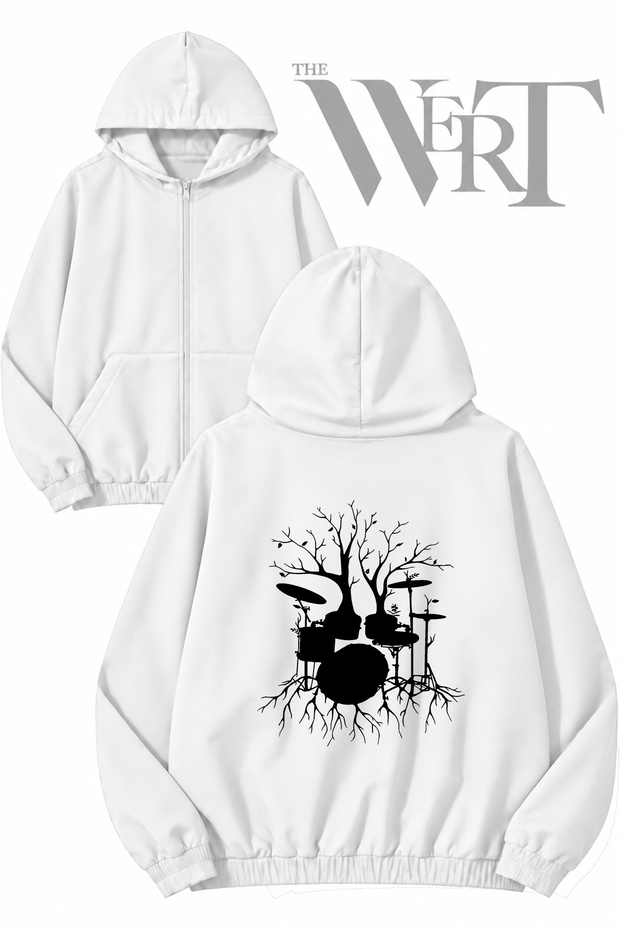 Bateri Drum Müzik 4 Back Printed Zippered Hooded White Cardigan (2 Yarns)