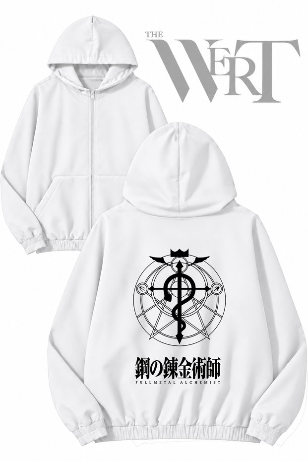 Full Metal Alchemist 2 Back Printed Zippered Hooded White Cardigan (2 Yarns)