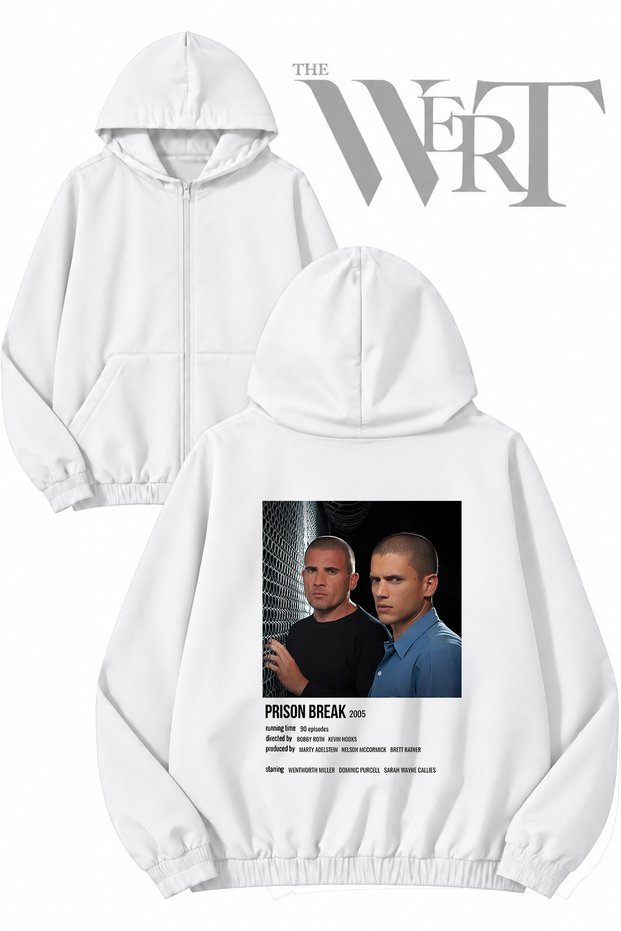 Prison Break 4 Back Printed Zippered Hooded White Cardigan (2 Yarns)