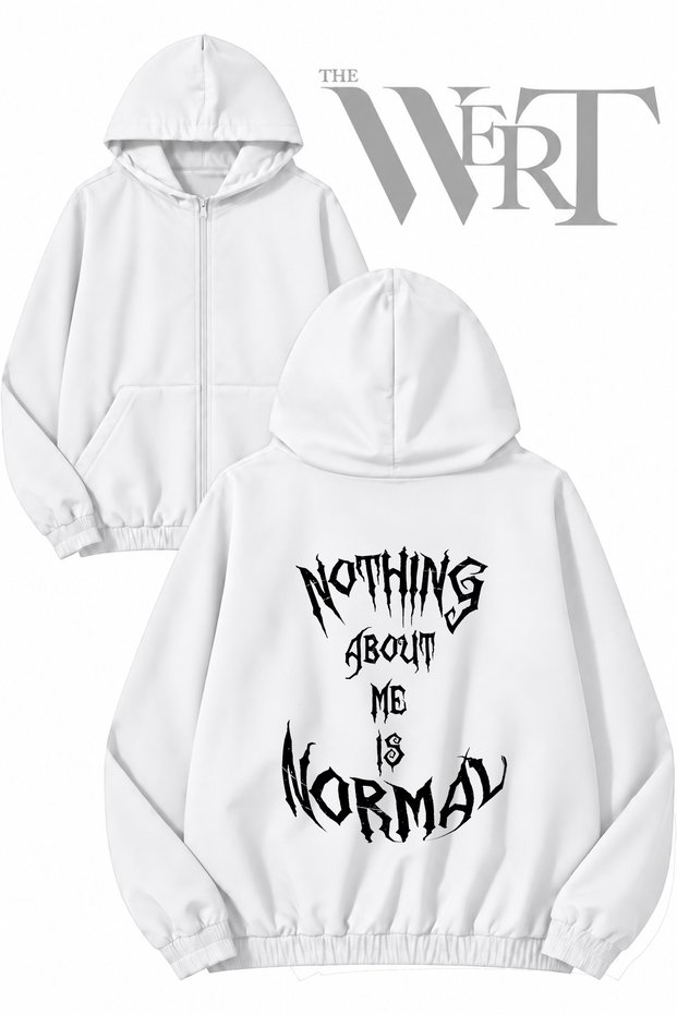 Nothing about Me Is Normal Back Printed Zippered Hooded White Cardigan (2 Yarns)