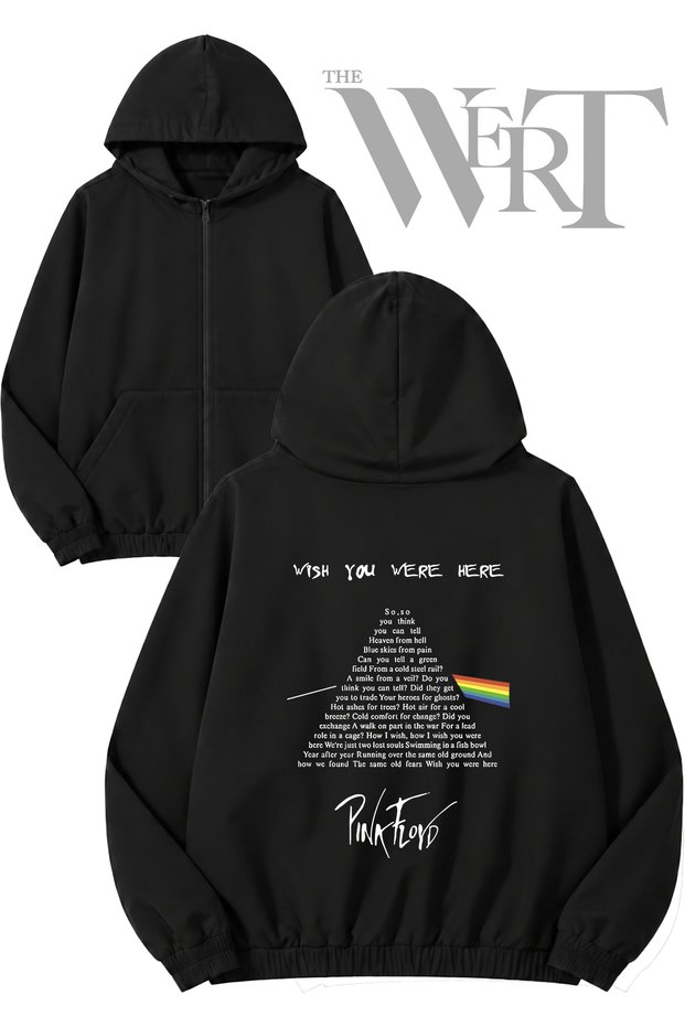 Pınk Floyd Pyramid Back Printed Zippered Hooded Black Cardigan (2 Yarns)