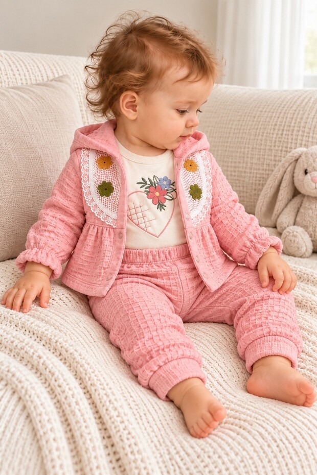 Baby Girl Set Floral Patterned Hooded 3-Piece Set Long Sleeve Bodysuit - Cardigan - Pants