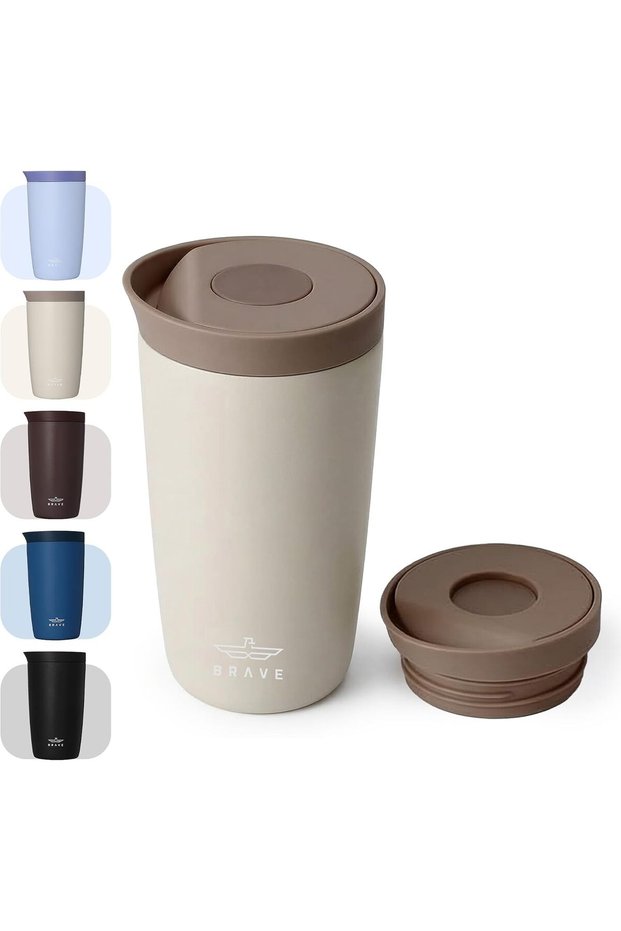 TempGuard Insulated Travel Mug 500ml | Stainless Steel Thermal Coffee Cup with One-Touch Push Button Lid | Double Wall Vacuum Flask Keeps Hot 8H & Cold 24H - Beige