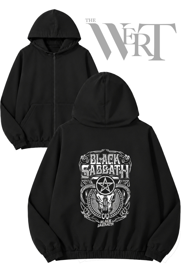 Black Sabbath 3 Back Printed Zippered Hooded Black Cardigan (2 Yarns)