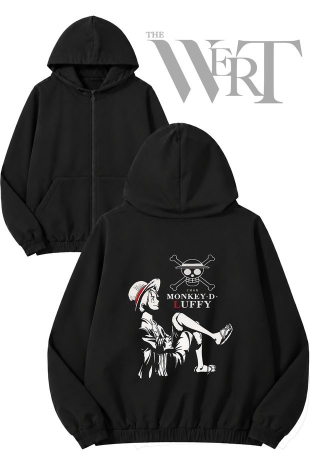 Zhan Monkey D Luffy Back Printed Zippered Hooded Black Cardigan (2 Yarns)