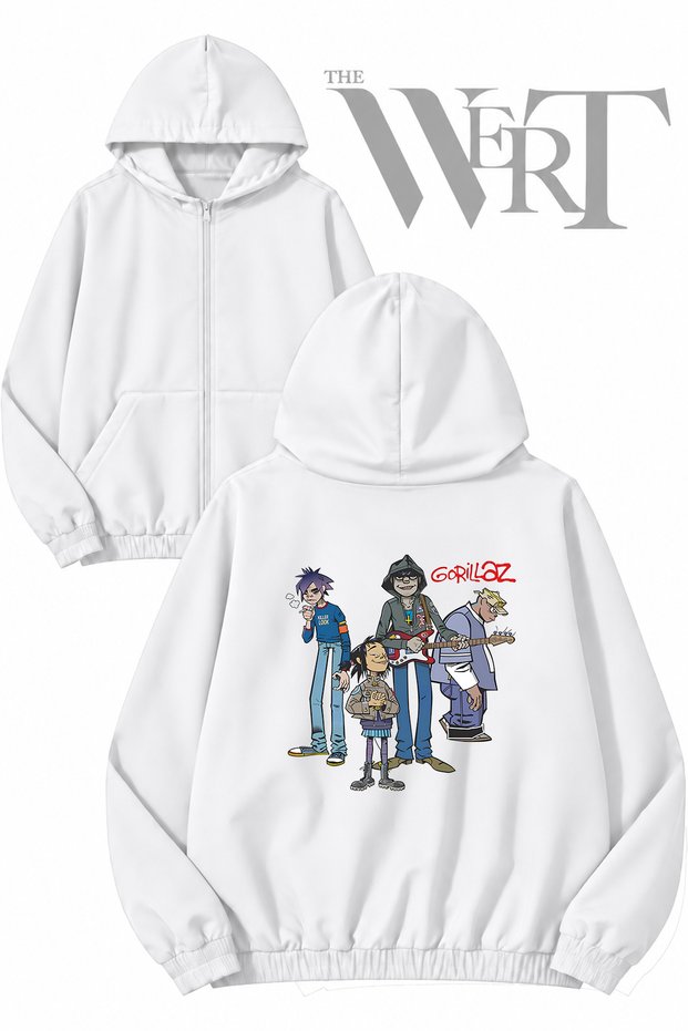 Gorillaz Self Titled Back Printed Zippered Hooded White Cardigan (2 Yarn)