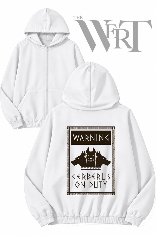 Warning Cerberus Back Printed Zippered Hooded White Cardigan (2 Yarns)