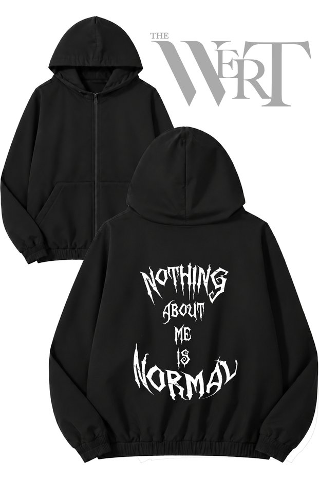 Nothing about Me Is Normal Back Printed Zippered Hooded Black Cardigan (2 Yarns)