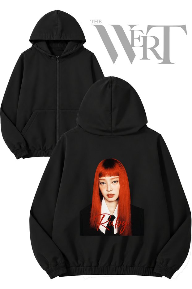 Jennie Ruby Ö Back Printed Zippered Hooded Black Cardigan (2 Yarns)