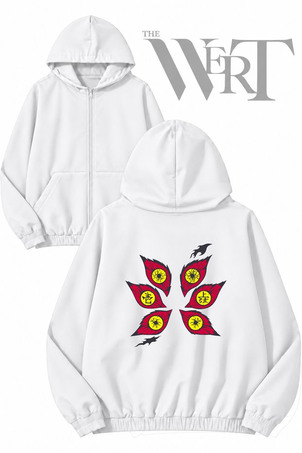 Kokushibo Demon Slayer Back Printed Zippered Hooded White Cardigan (2 Yarn)