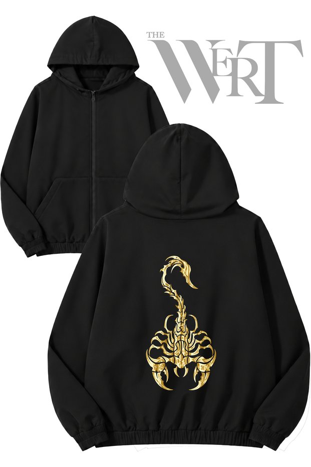 Gold Scorpion Back Printed Zippered Hooded Black Cardigan (2 Yarns)