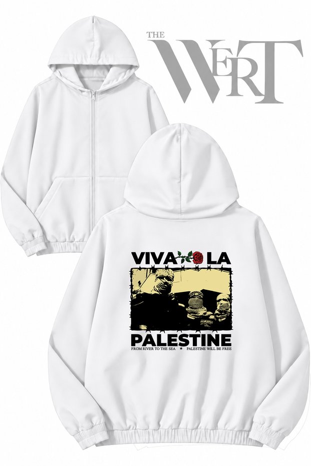 Vivala Palestine Back Printed Zippered Hooded White Cardigan (2 Yarns)