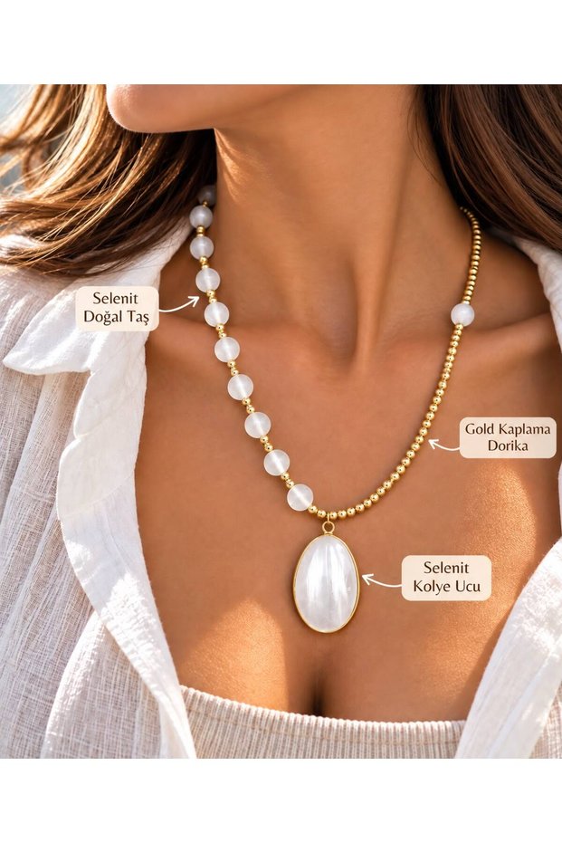 Women's Handmade Selenite Natural Stone Necklace with Steel Selenite Tip and Gold Detail, Special Design