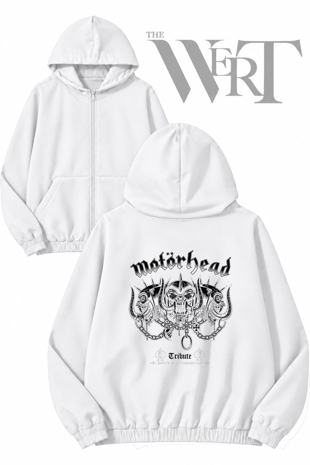 Motörhead 8 Back Printed Zippered Hooded White Cardigan (2 Yarn)