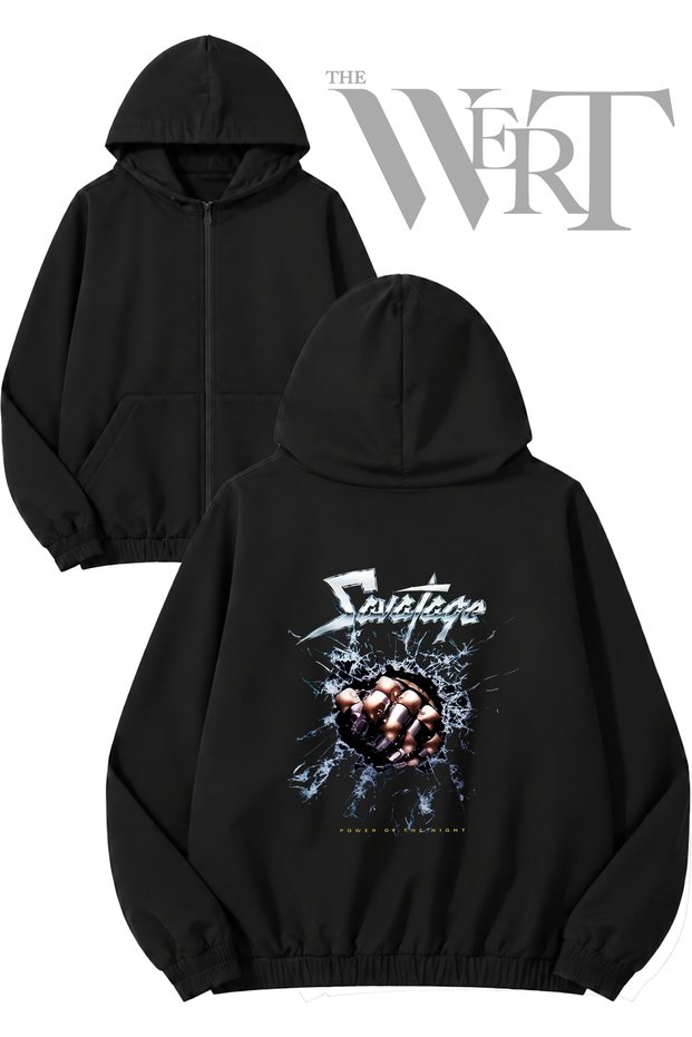 Savatage 3 Back Printed Zippered Hooded Black Cardigan (2 Yarns)