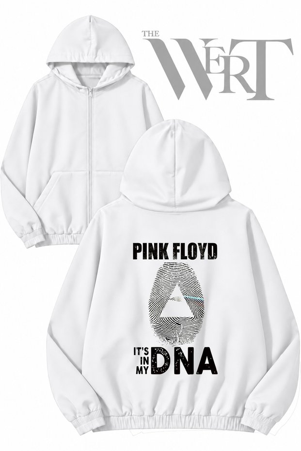 Pink Floyd It's in My Dna Back Printed Zippered Hooded White Cardigan (2 Yarns)