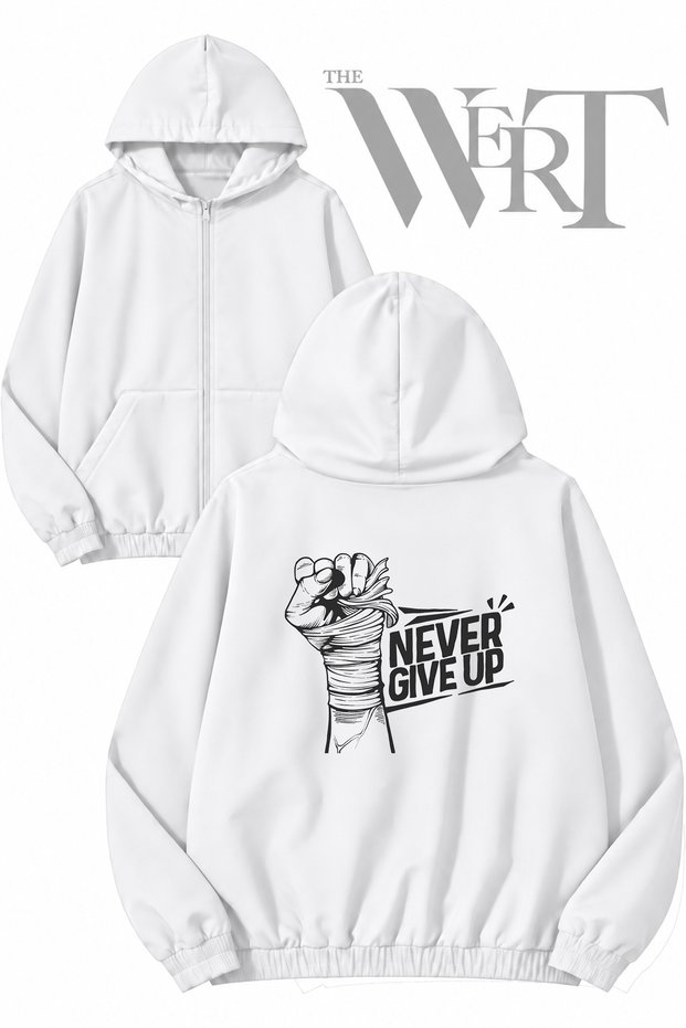 Gym Never Give up 3 Back Printed Zippered Hooded White Cardigan (2 Yarns)
