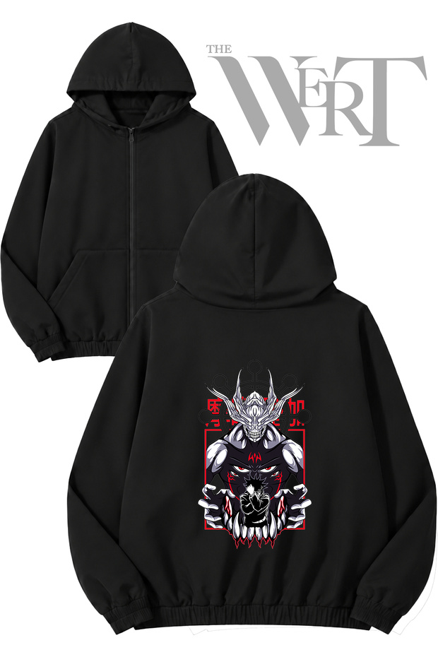 Megumi Fushiguro Mahoraga Back Printed Zippered Hooded Black Cardigan (2 Yarns)