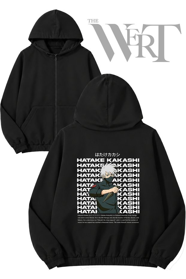 Hatake Kakashi Back Printed Zippered Hooded Black Cardigan (2 Yarns)