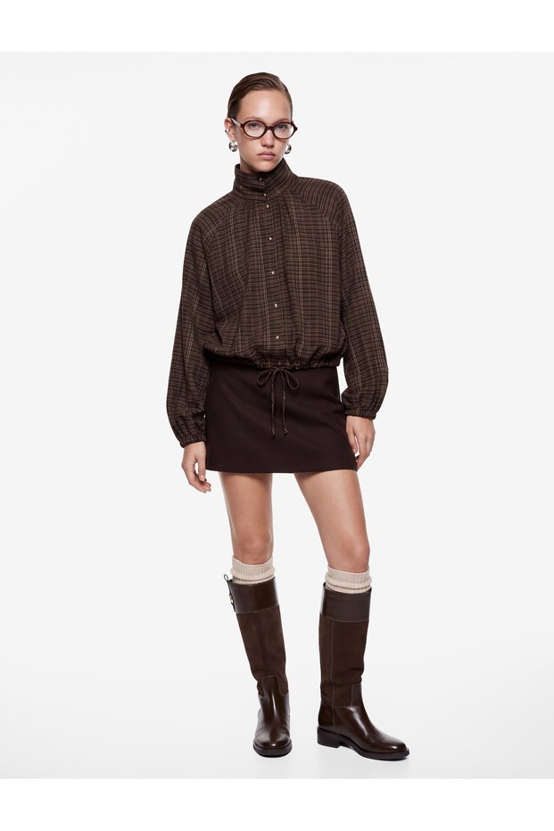 Cotton Stand Collar Long Sleeve Buttoned Gathered Plaid Shirt