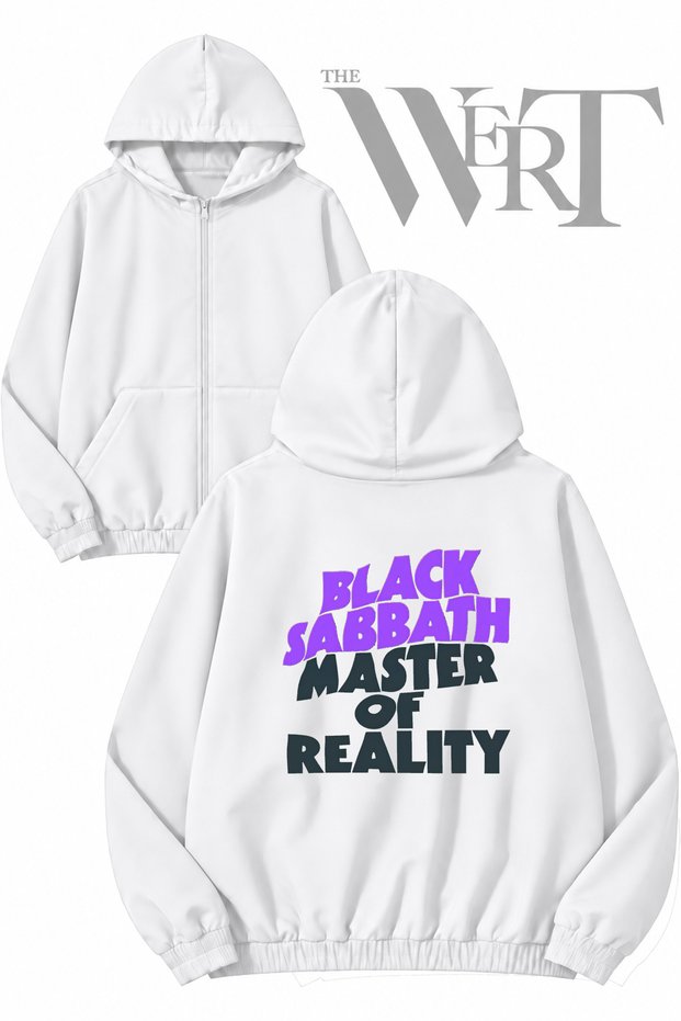 Black Sabbath 7 Back Printed Zippered Hooded White Cardigan (2 Yarn)