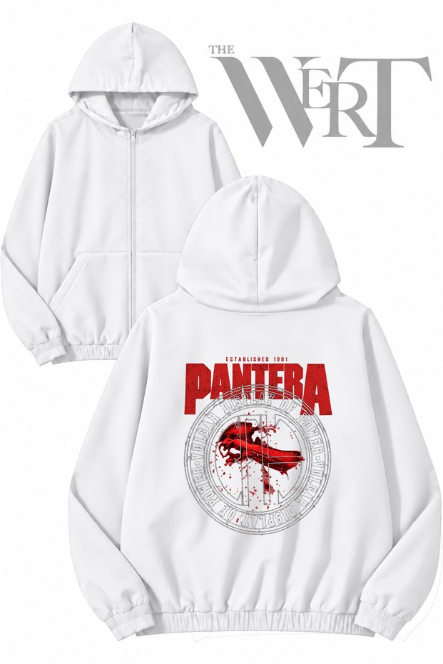 Pantera Vulgar Display Back Printed Zippered Hooded White Cardigan (2 Yarns)